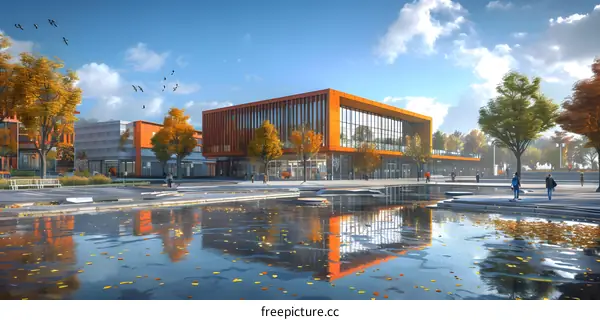 An illustration of a modern university campus with a large reflecting pool in front of it