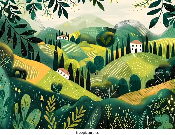 Green Hills and Houses Illustration
