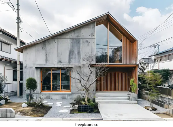 Modern Japanese House with Concrete and Wood Exterior