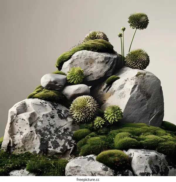 Green Moss and Rocks Minimalist Nature Still Life