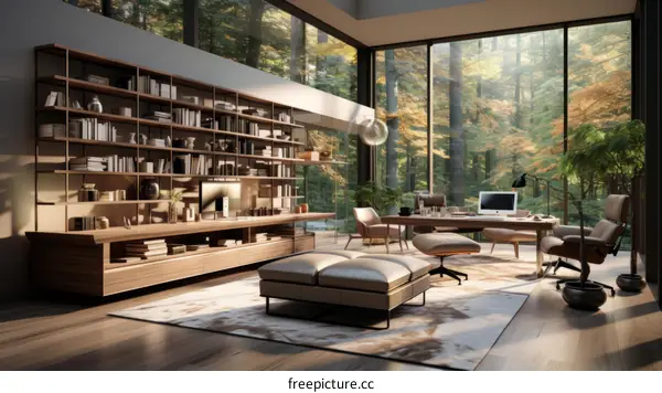 Modern home office with large windows and a view of the forest