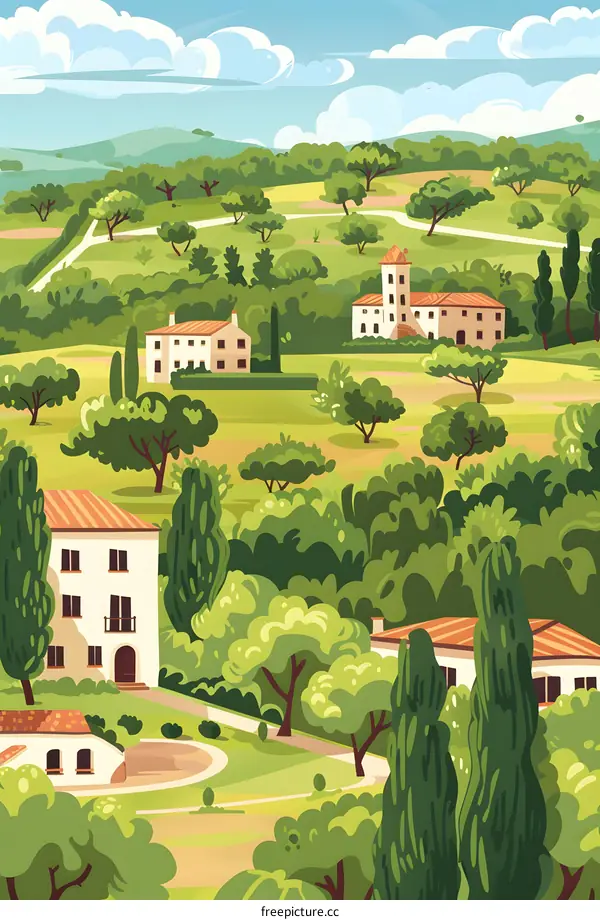 Cartoon Illustration of a Hillside Village