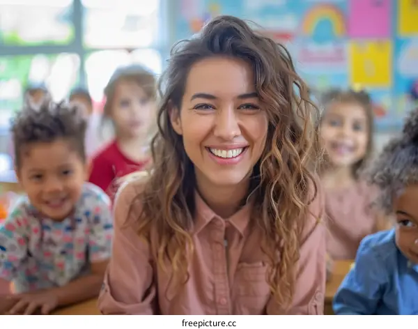 Early childhood education teacher with a group of preschool children
