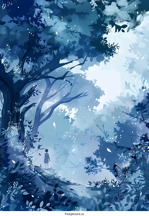 Blue Forest With One Person Standing In The Path