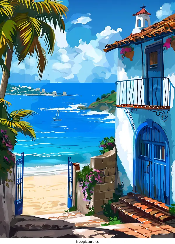 Mediterranean Coastal House with Blue Door and Palm Tree