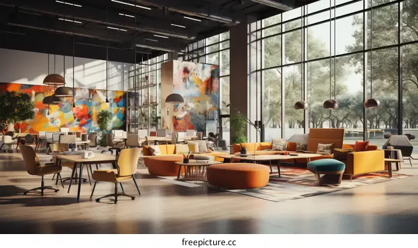 Modern office interior with colorful furniture and large windows