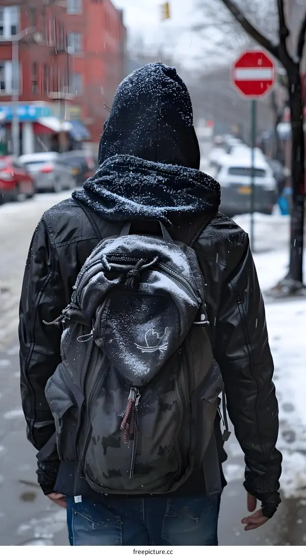 Man Walking in Snow with Backpack