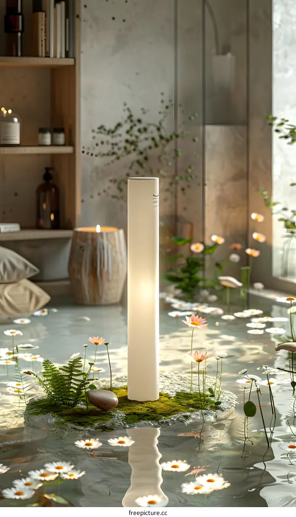 Flowers and plant leaves floating on the water with a glowing lamp in the center