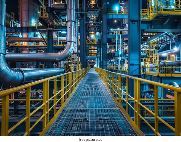 A blue and yellow industrial walkway consisting of pipes and catwalks