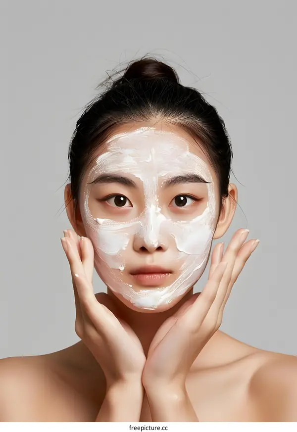 Young Asian Woman Applying Face Mask Skincare Routine