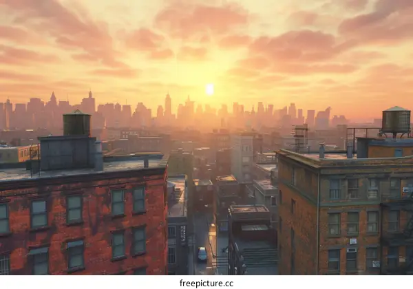 Sunset Cityscape with Residential Buildings and Skyscrapers