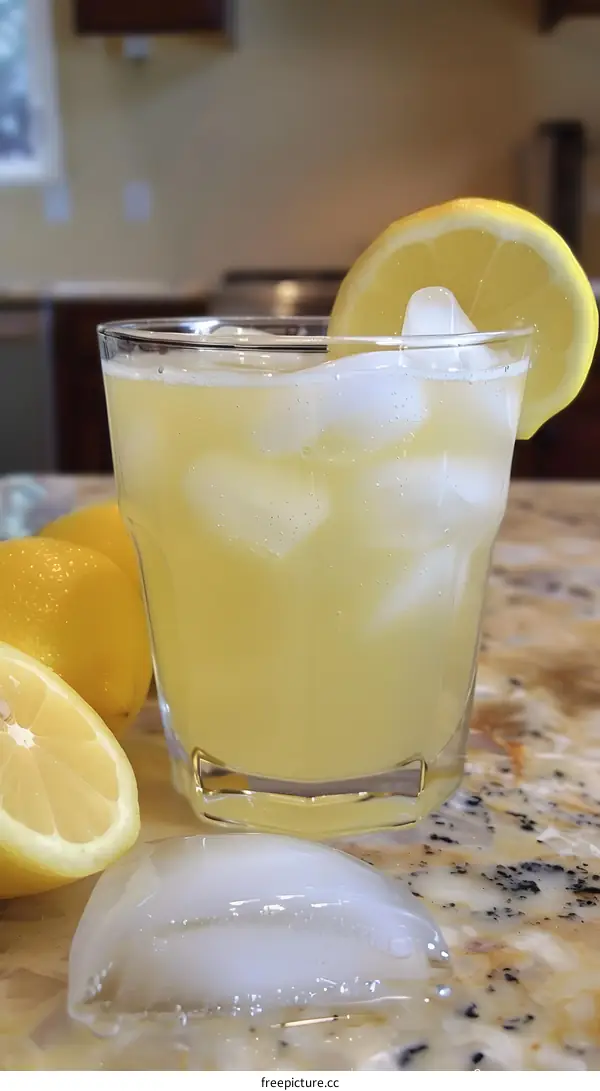 Glass of Lemonade with Lemon Slice and Ice Cubes