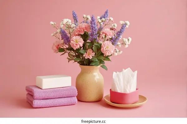 Pink Floral Arrangement with Soap and Towels