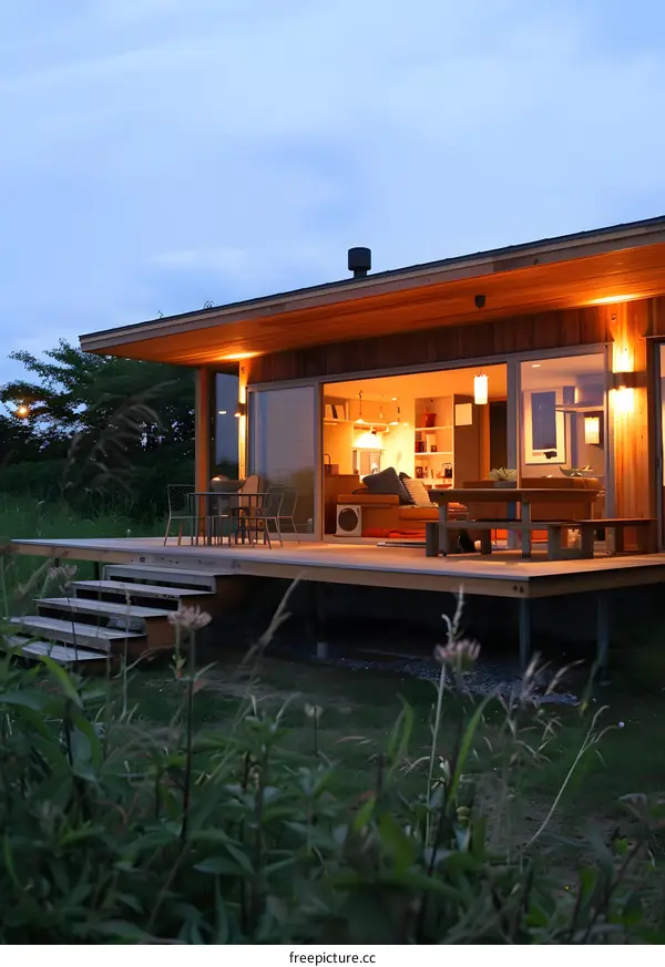 Modern Wooden Cabin with Large Windows and Deck at Dusk