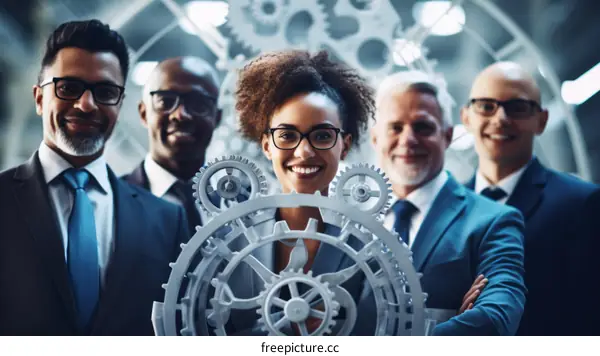 Multiethnic business team with a woman holding a gear in the center