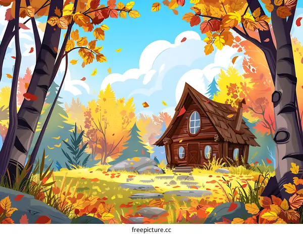 Autumn Landscape Illustration With A Cozy Cabin