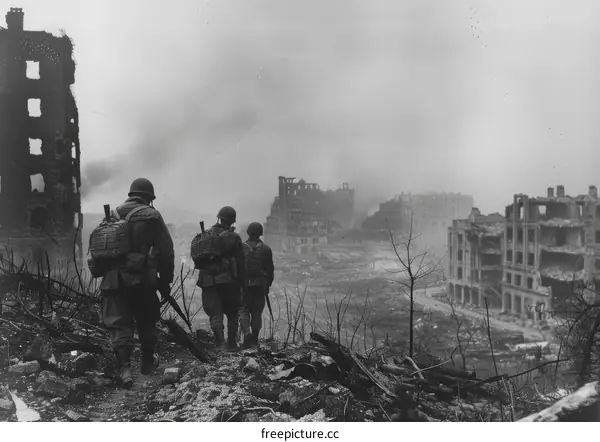 American soldiers walking through the ruins of a German city during World War II