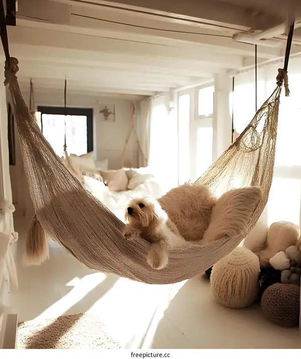 White Dog Relaxing in Hammock in a Light and Airy Room