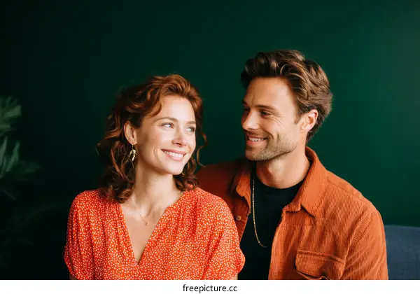 Couple Smiling and Looking Away in Front of a Dark Green Wall
