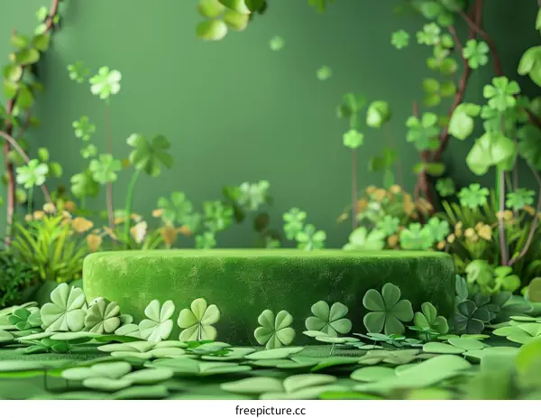 Green velvet podium with clovers for St Patrick's Day. 3D rendering.