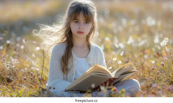 Little girl reading a book in a field of flowers