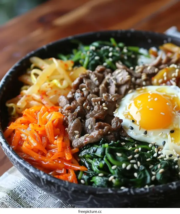Korean Bibimbap: A Colorful Bowl of Rice, Vegetables, Beef, and More