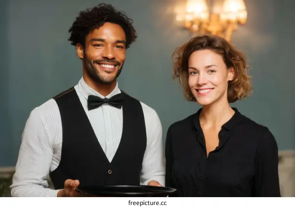 Two Staff Members Serving Food in a Restaurant
