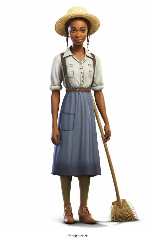 African American Woman Wearing Straw Hat and Blue Dress