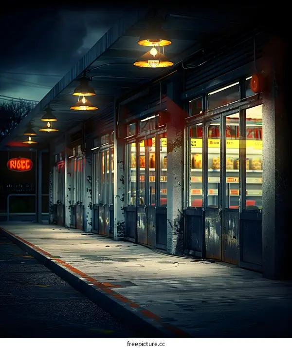 Nighttime View of a Row of Store Fronts with Lights