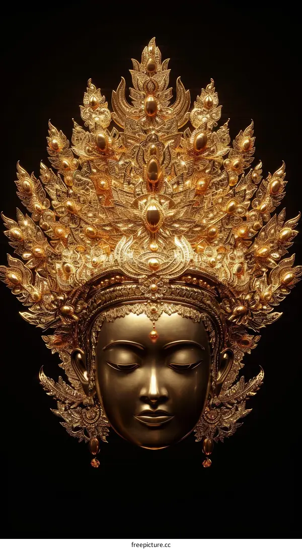 Golden Buddha statue head with intricate headdress