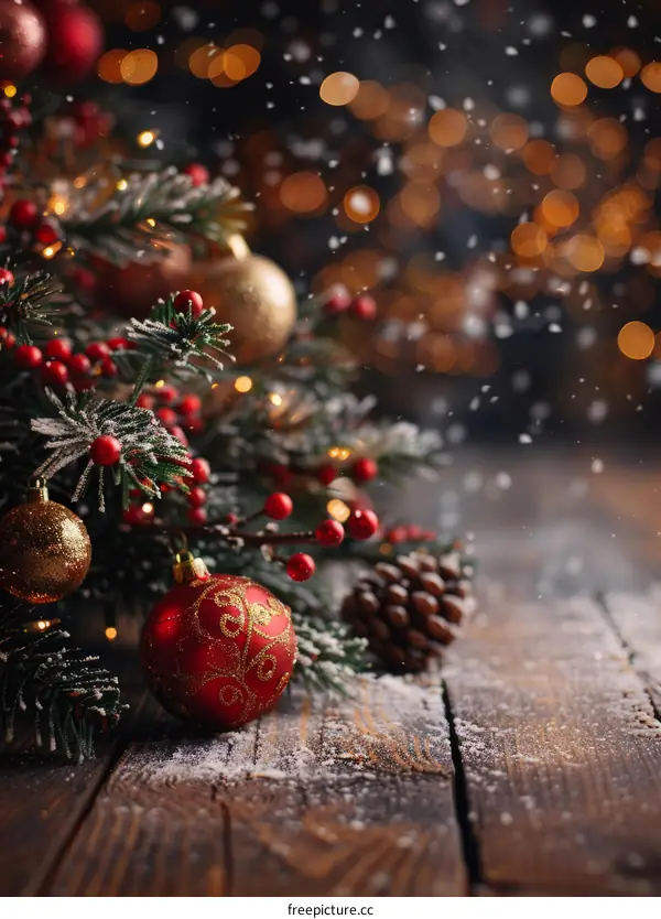 Christmas background with red and gold ornaments and snow