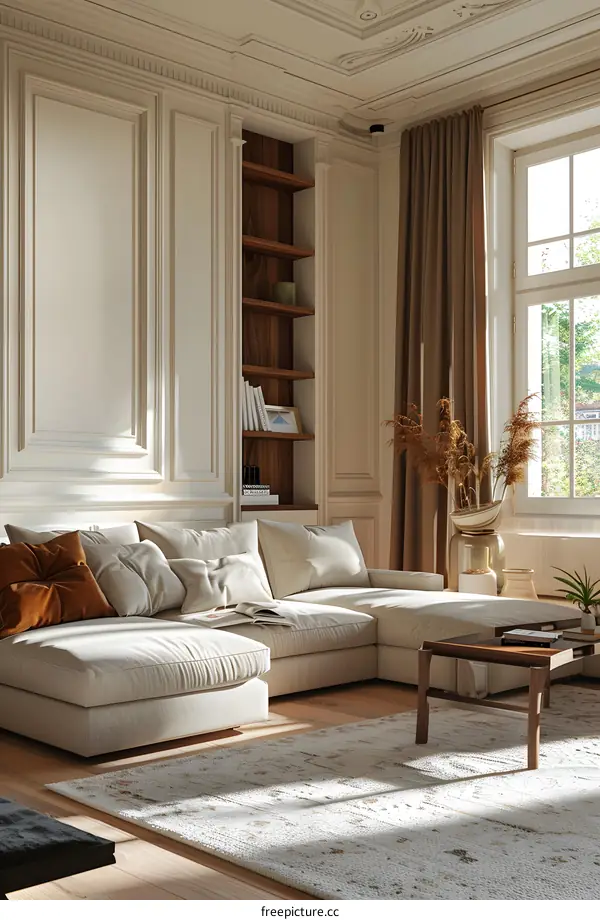 The interior of a living room with a sofa, rug, windows, and a bookshelf. The style is modern and minimalist.