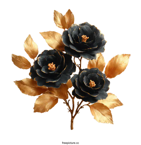 [Transparent Background PNG]Elegant Black and Gold Camellia Flower Arrangement
