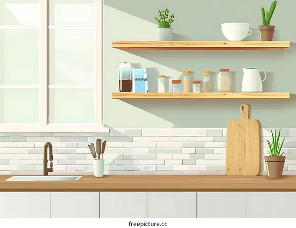 Minimalist Kitchen Interior Design with Wooden Shelves and Green Plants