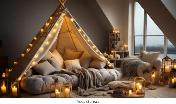 Cozy home interior with pillows, blankets and candles