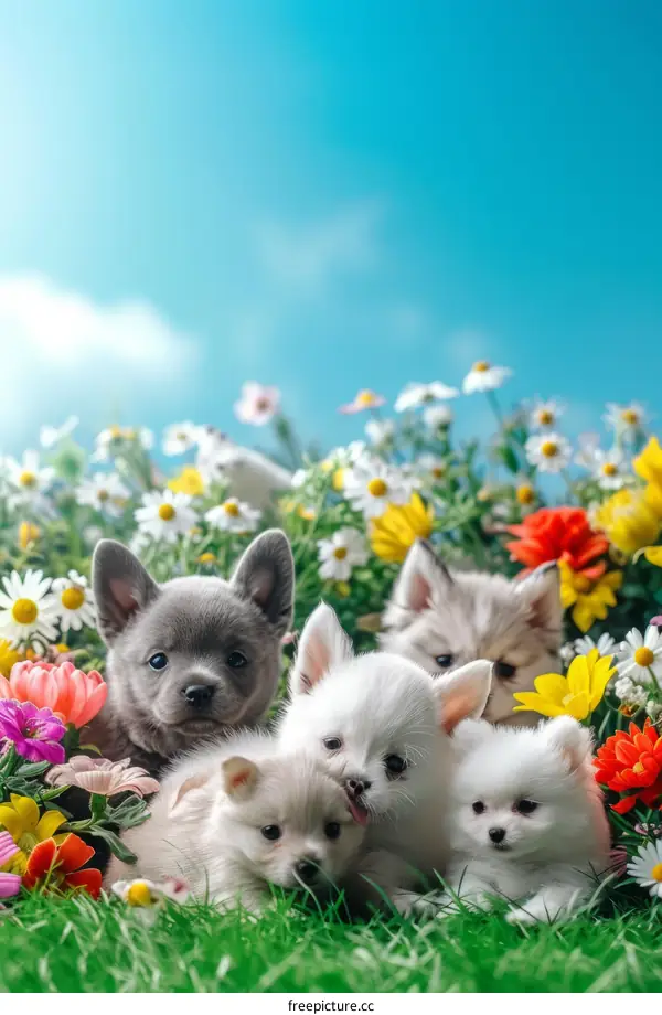 Five cute puppies in a field of flowers