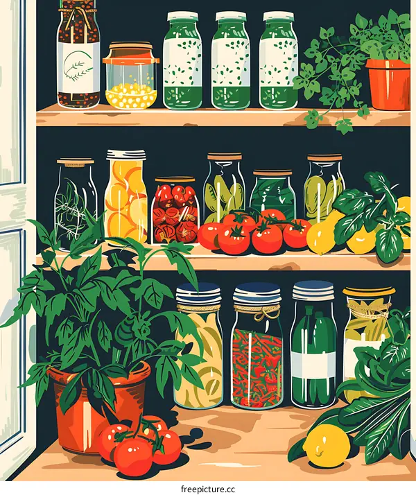 Vintage Kitchen Pantry Jars With Herbs, Spices And Vegetables Illustration