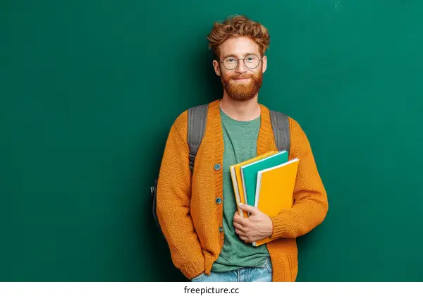 Smiling Student with Books Against Teal Background