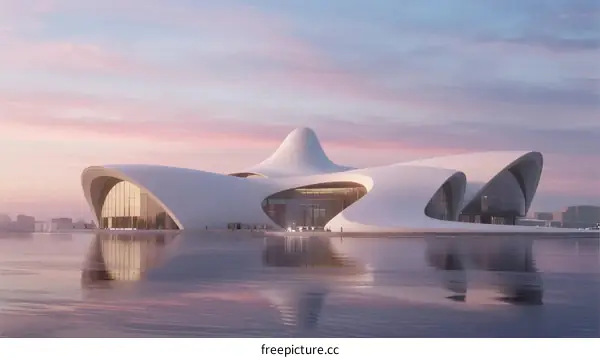 Modern Architectural Complex with Curved White Structures Reflecting on Water