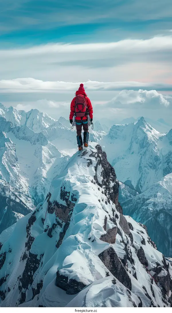 Mountaineer on the summit of a snow-capped mountain