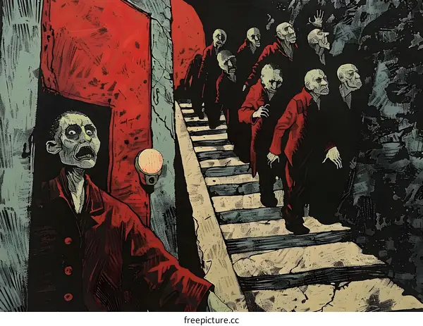 Horror Illustration of Men in Red Robes Walking Down Stairs