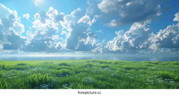 Serene Green Grass Field Under Blue Sky and Clouds