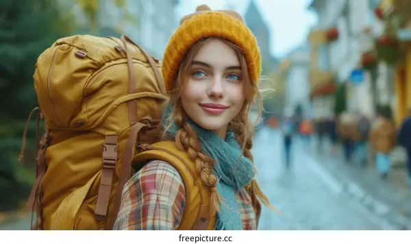 portrait of a young woman with a backpack in the city
