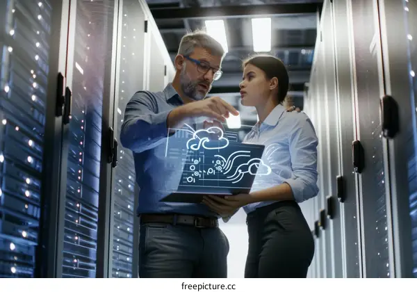 Two IT engineers discussing about cloud computing in a server room