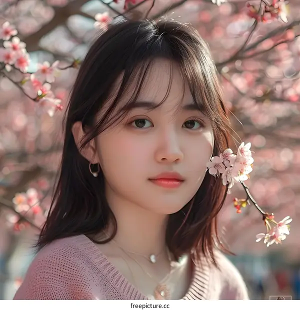 Asian Woman Posing with Pink Flowers