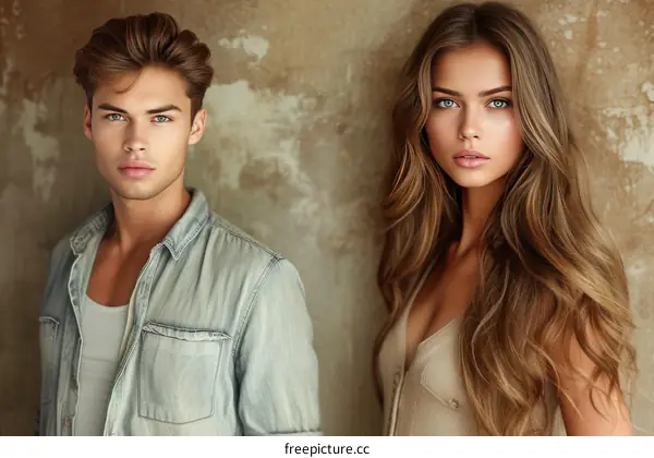 Portrait of a young man and woman with beautiful hair