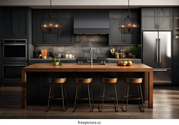 Modern Dark Kitchen with Wood Island and Black Appliances