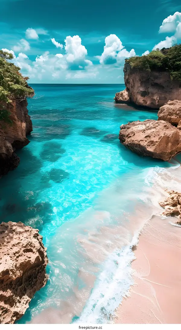 Rocky Beach With White Sand and Azure Water