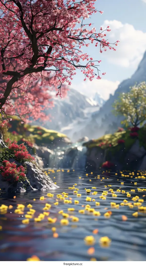 Fantasy River Landscape with Cherry Blossoms