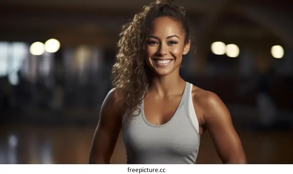 Portrait of a smiling young woman in a gray tank top standing in a dark room